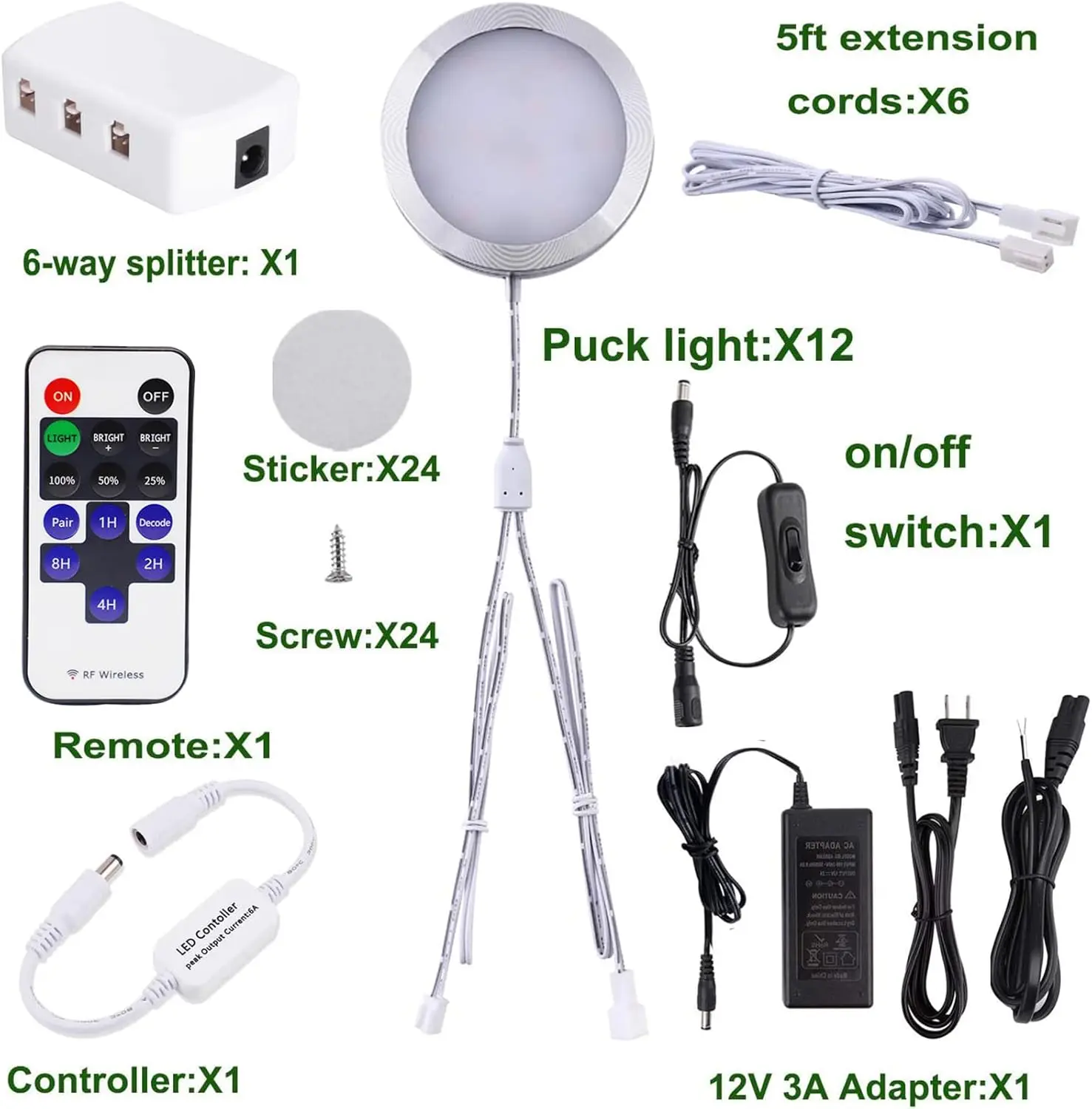 Linkable Under Cabinet LED Lighting 12V Dimmable Puck Lights with Wireless RF Remote Control, Hardwired & Wall Plug in