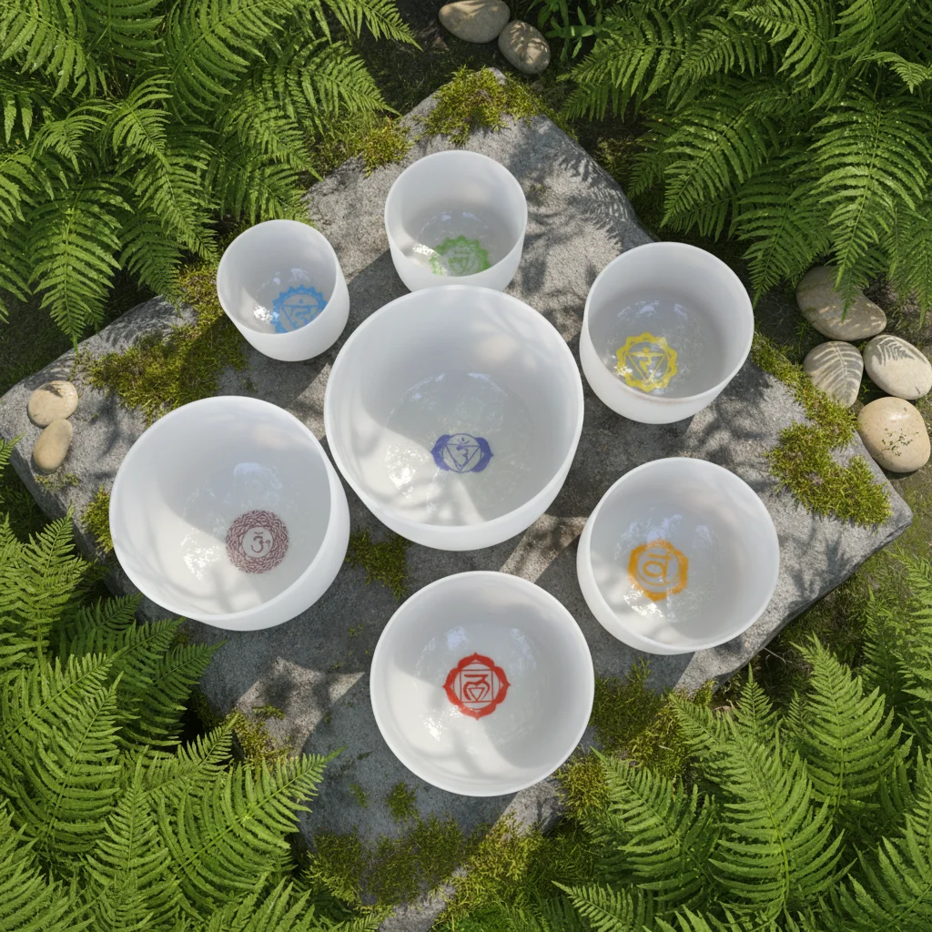 7 Chakra Symbols Crystal Singing Bowl Set Frosted Quartz with Accessories for Professional Sound Healers & Studios