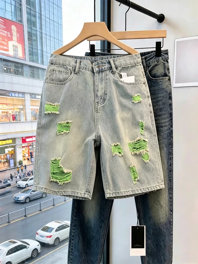 Washed Distressed American Style Men's Denim Shorts Five-Quarter Length Straight Loose Fit Tear Color Block Summer Fashion