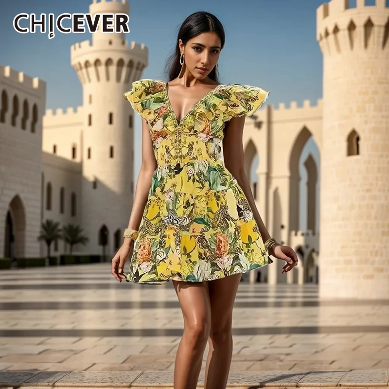 

CHICEVER Sweet Print Mini Dress For Women V Neck Flying Sleeve High Waist Tunic Spliced Elastic Dress Female Summer Clothing New