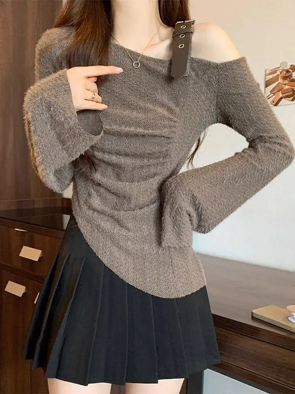 

Chic Korean Sle Long Sve off oulder T-irt Women's Slim Fit Bony Lobone Irregular Small Top High Waist Knitted Thin