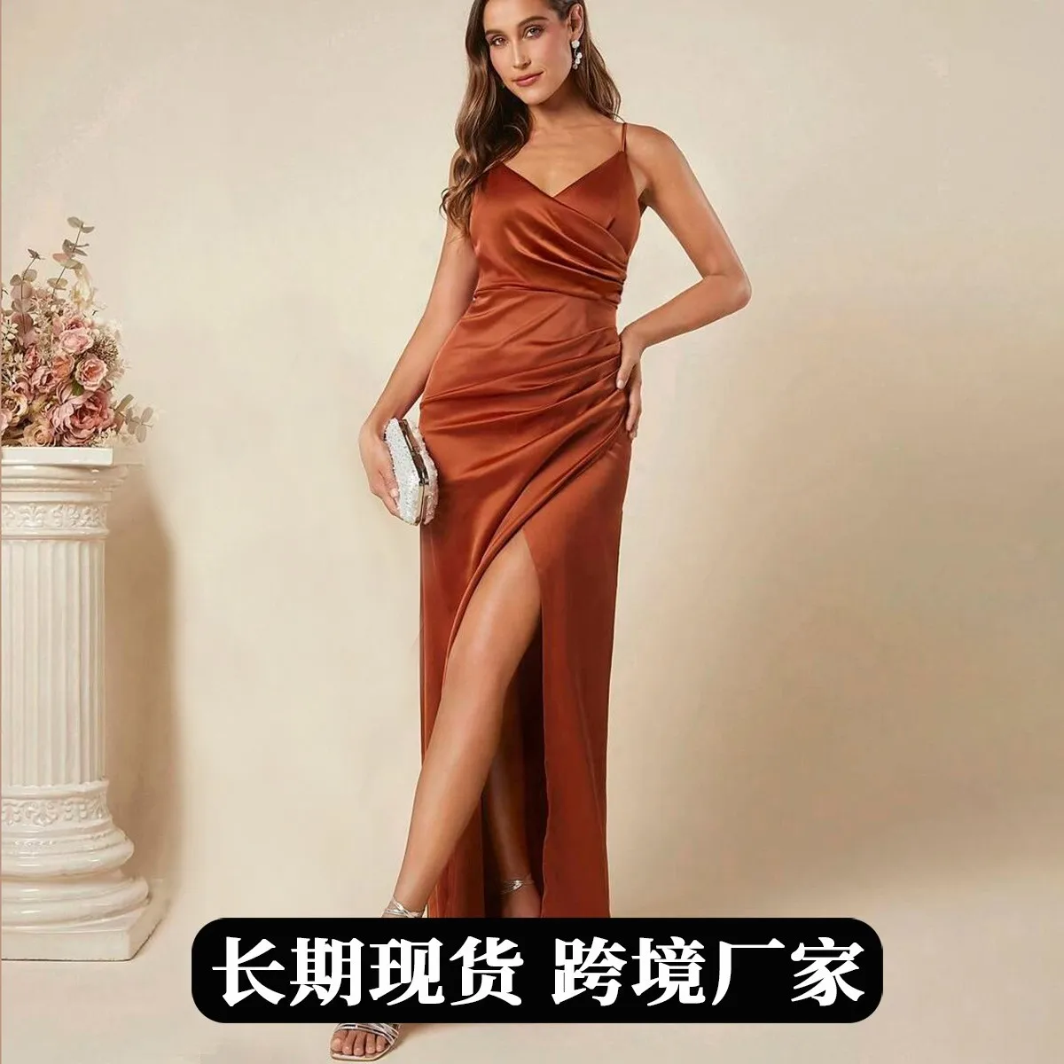 V Neck Pleated Gown High Waist Commuter Chic with Pleated Dress Sleeveless Elegant and Refined Pullover Single Summer for Women