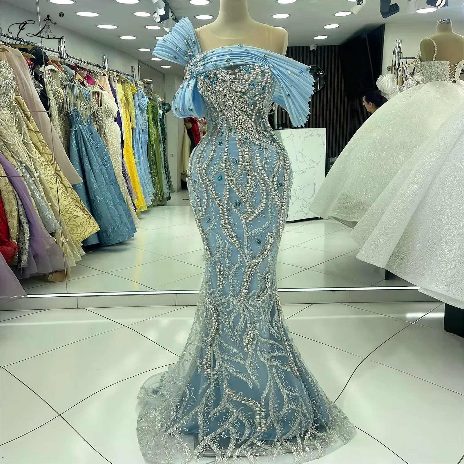 

Luxurious Women's Evening Gown Pleats One-Shoulder Crystal Pearl Mermaid Prom Dress Gorgeous Long Ball Gown Elegant Party Dress