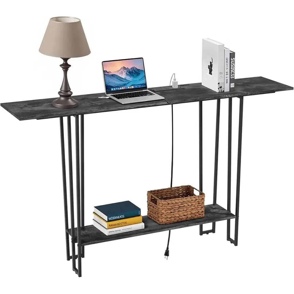 

55.1" ole Table,Industrial Couch Side Table with Charging Station,TV Stand,urnitures with Sturdy Metal e,2 Tier Storage Shelves
