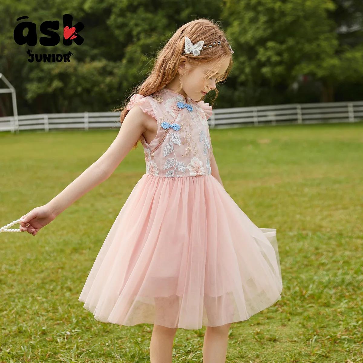 اسأل فستان هانفو على الطراز الوطني للفتيات الصغيرات في موسم العطلة الصيفية والتطريز بدون أكمام #3