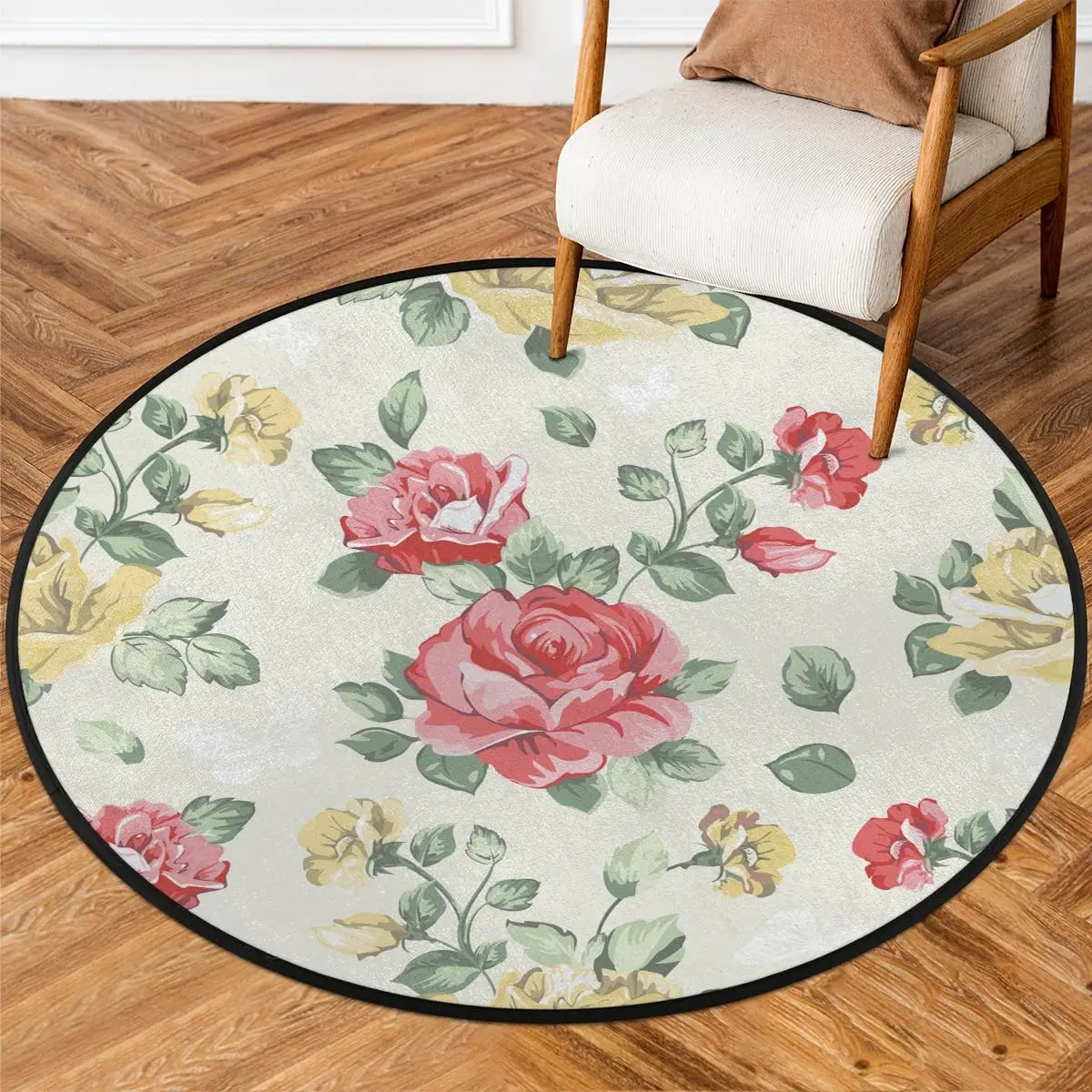 Soft Washable Rose Leaves Round Rug – Non-Slip Circular Floor Mat for Bedroom Kids Room Home Decor