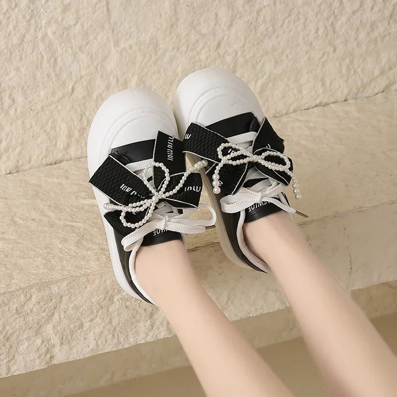 Fashion Women's White Platform Sneakers PU Leather Walking Cute Bow Lace Up Shoes Knot Pearl Detachable Casual Tennis