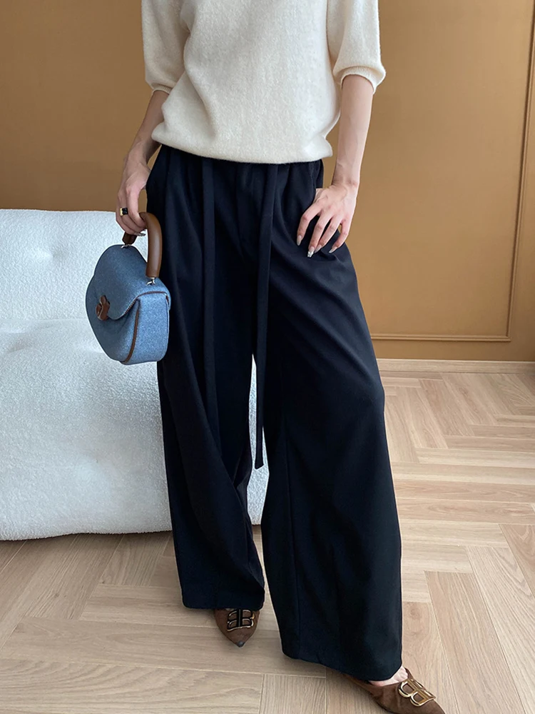 [LANMREM] Drawstring High Waists Wide Leg Pants For Women Straight Office Lady Loose Fashion Clothing 2024 Autumn New 26C142