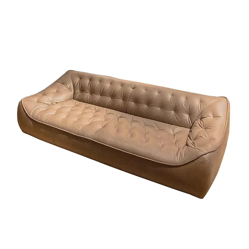 

French retro style leather sofa first layer cowhide medieval oil wax leather living room bean bag sofa three-person small