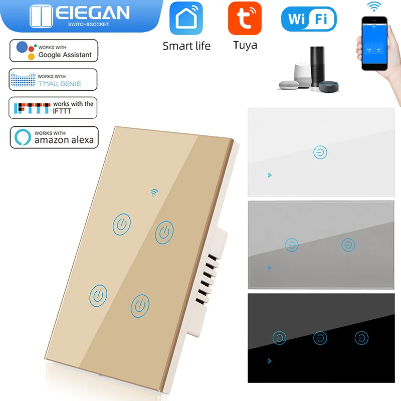 ELEGAN Tuya WiFi Smart Touch Light Switch 1/2/3/4 Gang Glass Panel Neutral Wire Required Works with Alexa Google Home Smart Life