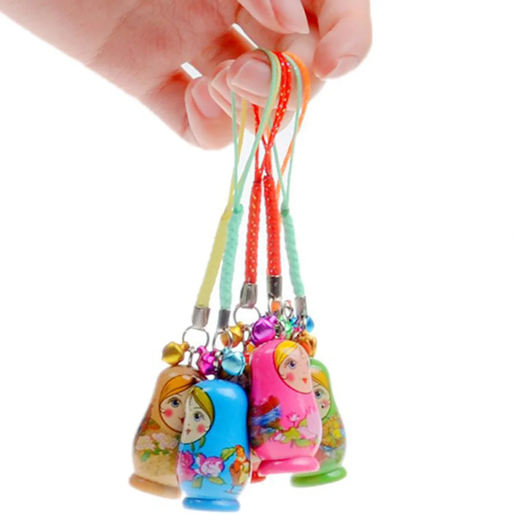 

12 PCS Fun Keychain Matryoshka Chains Wooden Russian Bamboo Ring Adorable with Lanyard