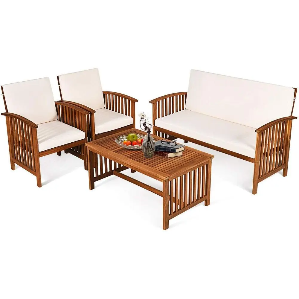

4-Piece Acacia Wood Sofa Set with Waterproof Cushions for Outdoor Patio, Ideal for Backyard, Poolside Relaxation (White)