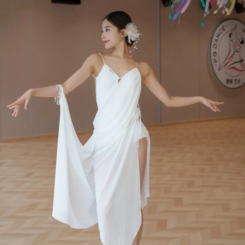 Abito da ballo latino standard personalizzato, completo da pratica, gonna da competizione, reggicalze, set da ragazza in filato galleggiante in rete di perle