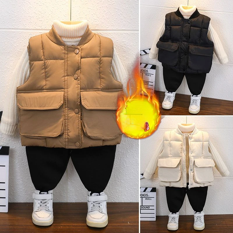 

Kids Girls Winter Cotton Padded Vest Children Down Cotton Waistcoat Solid Zipper Outwear Warm Thicken Baby Clothes for Boys W127