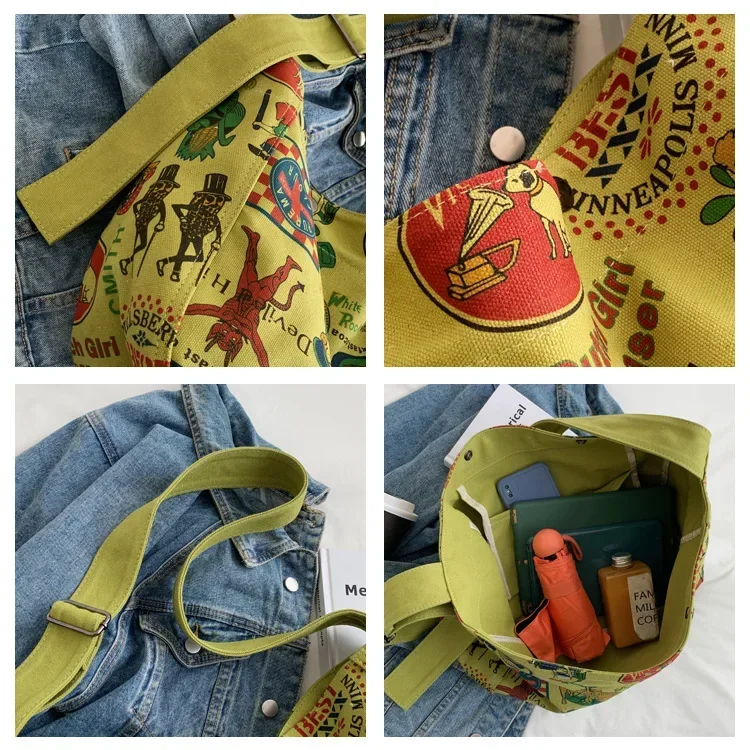 Unisex Vintage Canvas Fabric Shoulder Bag Teenager High Street Retro Casual Slouchy Bag Female Big Capacity Hippy Crossbody Bag