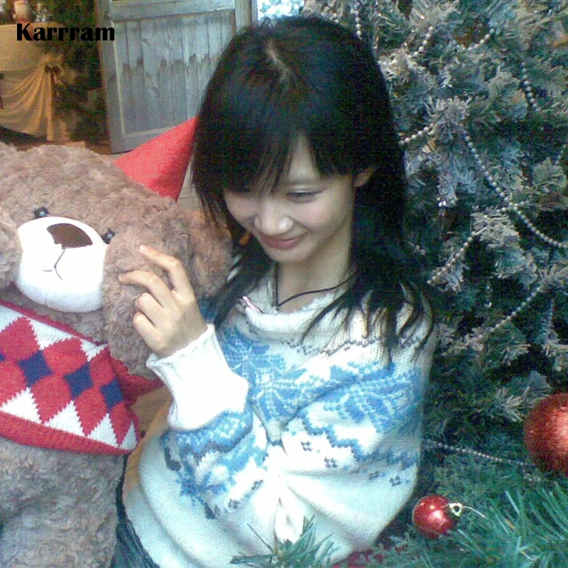 

Karrram Japanese Y2k Jacquard Sweater Vintage Harajuku Off Shoulder Knitted Pullover Korean 2000s Style Knitwear Christmas Retro