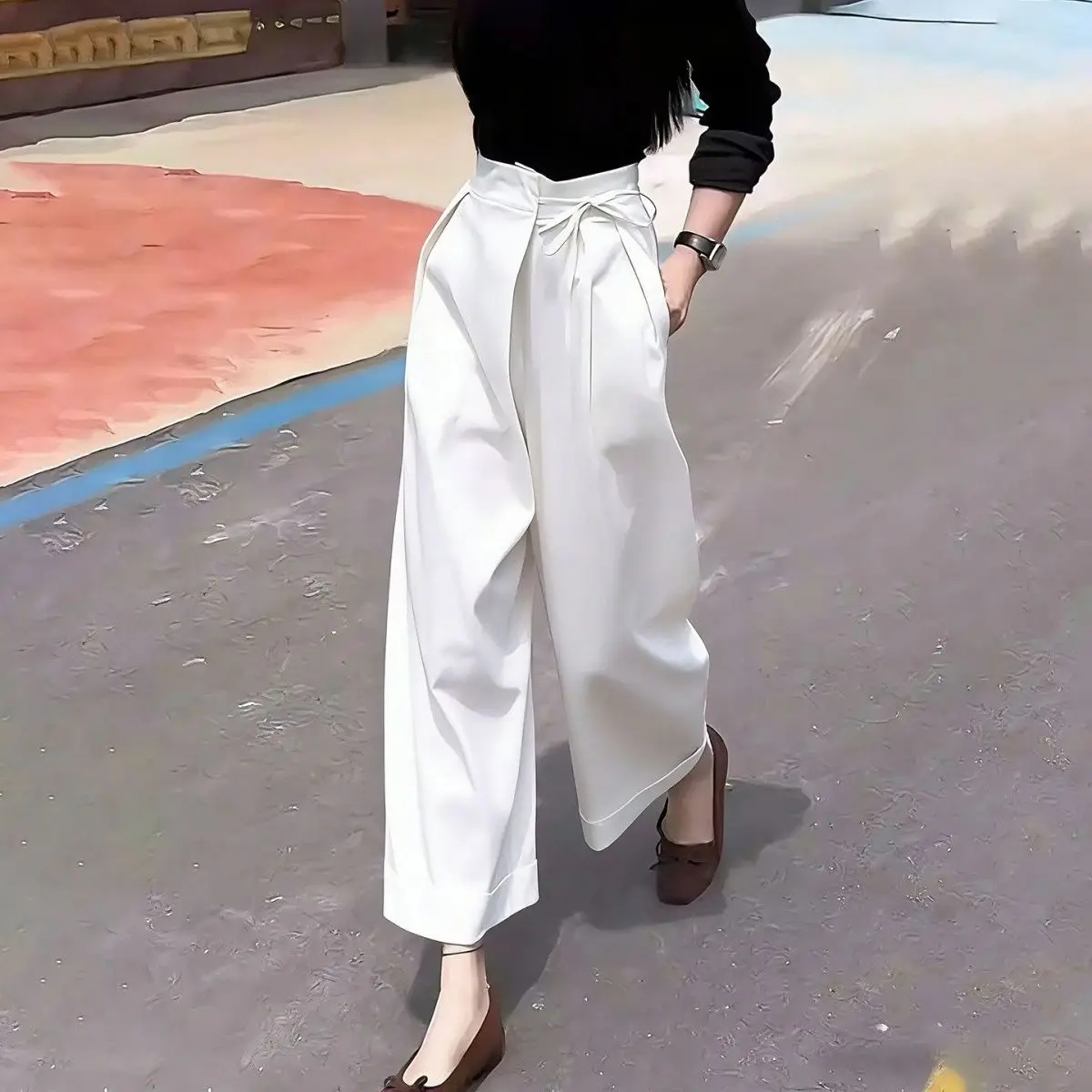 White lace-up pleated suit pants women's 2026 spring and summer new fashion casual pants temperament straight-leg pants