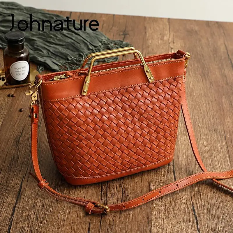 Johnature Hand Woven Women Bag Genuine Leather Vintage Handbag Simple Solid Color Natural Cowhide Shoulder & Crossbody Bags