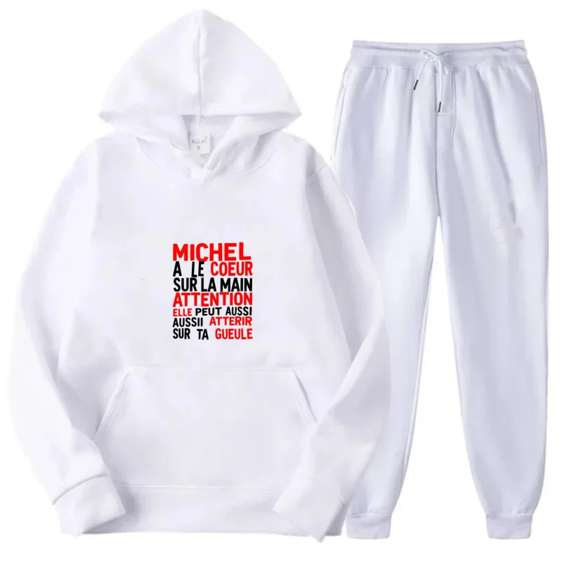 그레이 후디 세트 프린트 패턴 Michel A Le Coeur Sur La Main Attention 텍스트 디자인