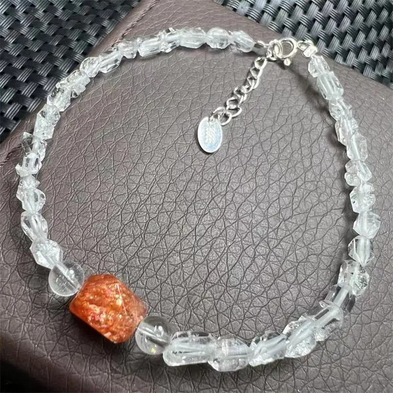 

S925 Natural Herkimer Diamond Gold Sunstone Freeform Bead Bracelet Healing Stone Jewelry Gift For Women 1PCS