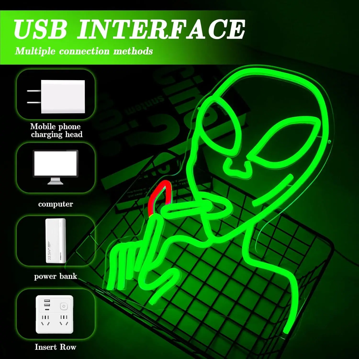 L'alien vert LED enseigne au néon USB Dimmable enseigne au néon pour salle de jeux chambre Bar salon fête d'anniversaire cadeau décoration murale