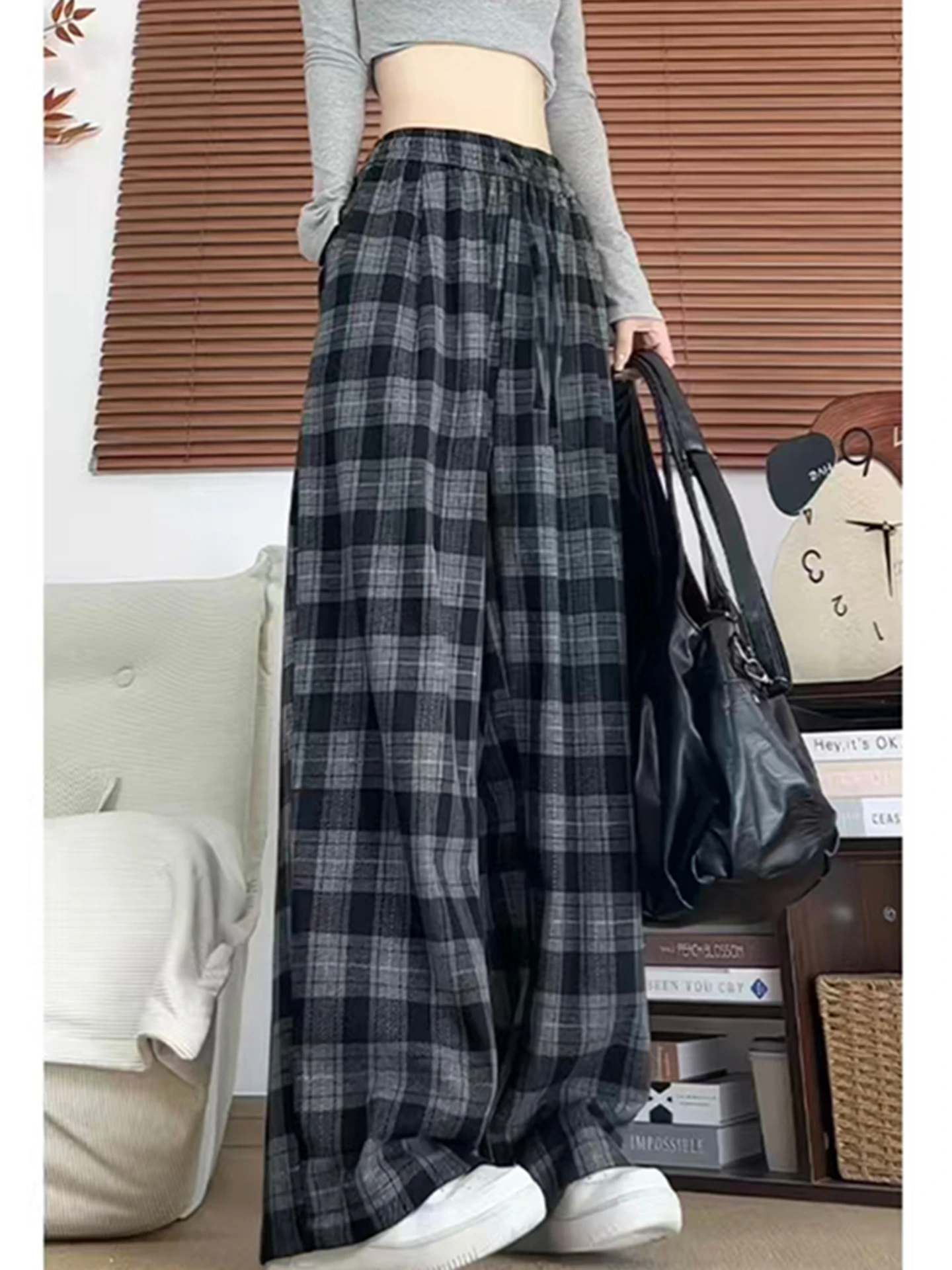 

Мужские повседневные брюки Cleanfit из шерстяной смеси в клетку, осенние, в американском ретро-стиле, свободные, струящиеся, широкие, прямого кроя