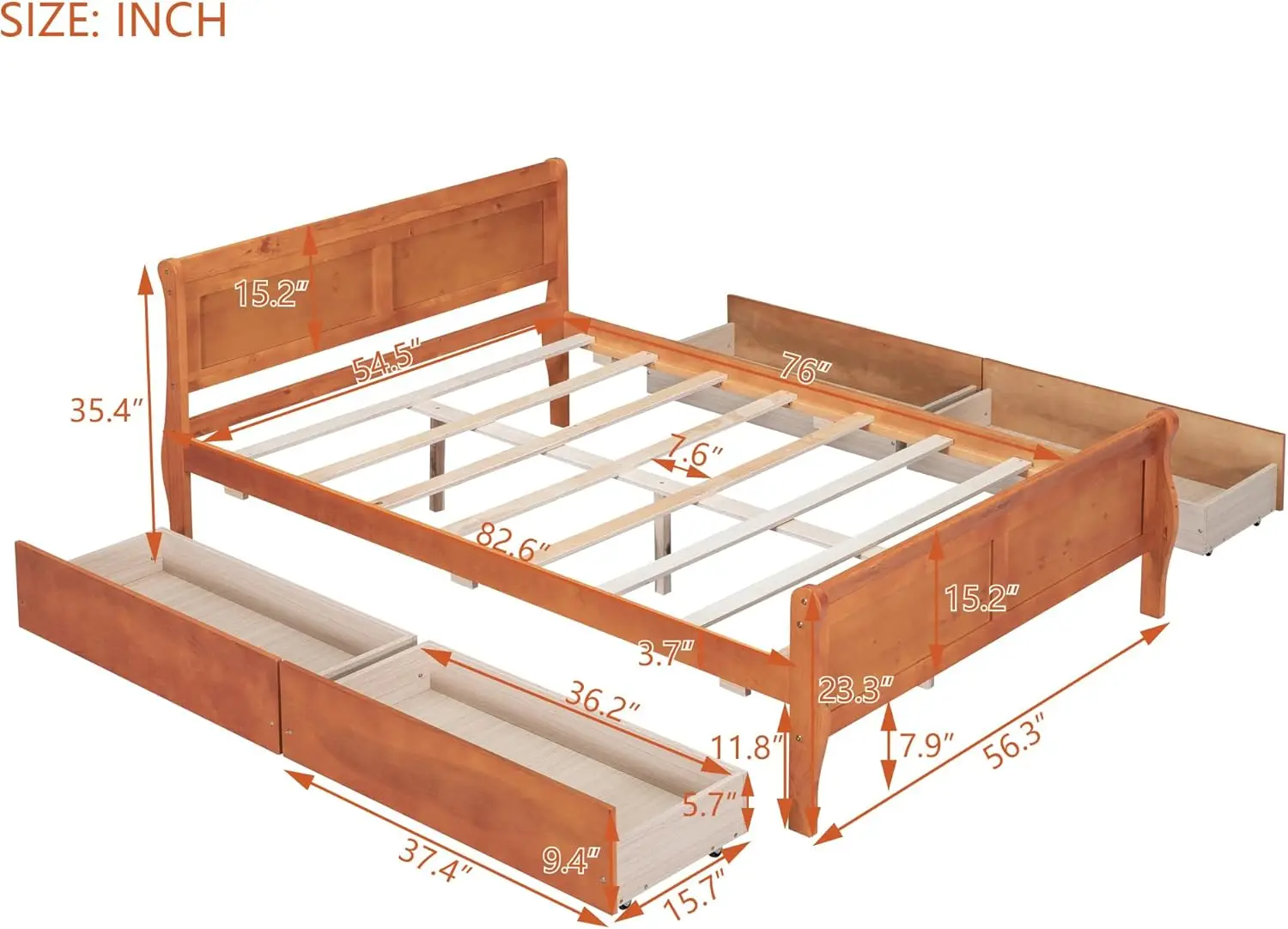 Full Size Wood Platform Bed With 4 Drawers And Streamlined Headboard & Footboard,Oak,Beds, Frames & Bases 121.25Lbs,2135