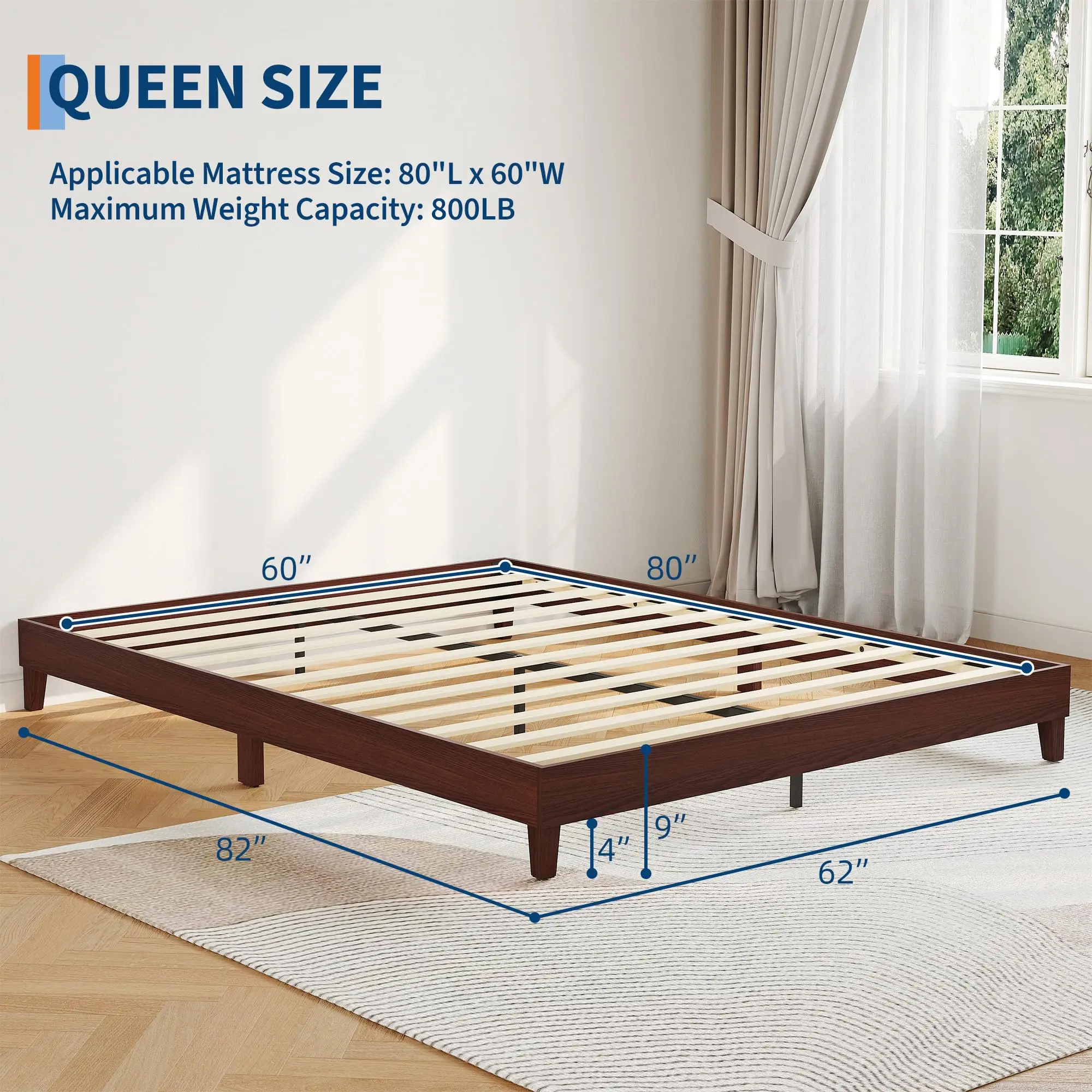 Queen Size Wood Platform Bed Frame 9in, Dark Walnut Low Profile Bed With Wood Slats, No Box Spring, Noise Free, 800 lb Support