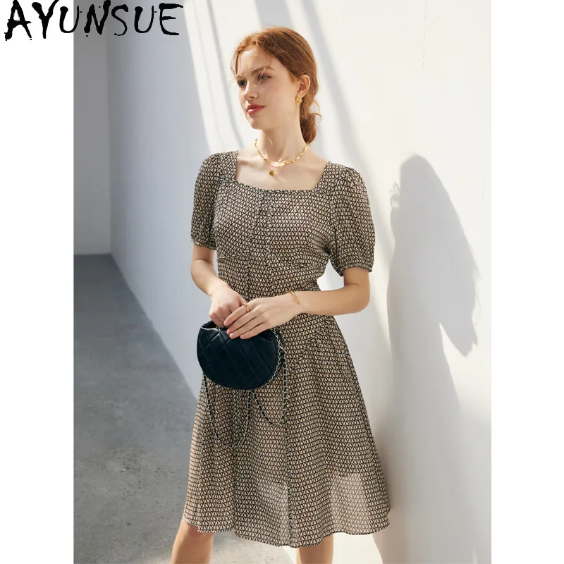 AYUNSUE 100% Natural Mulberry Silk Dresses for Woman Short Dresses Luxury Square Collar Summer Dress 2026 Woman Clothes Vestido