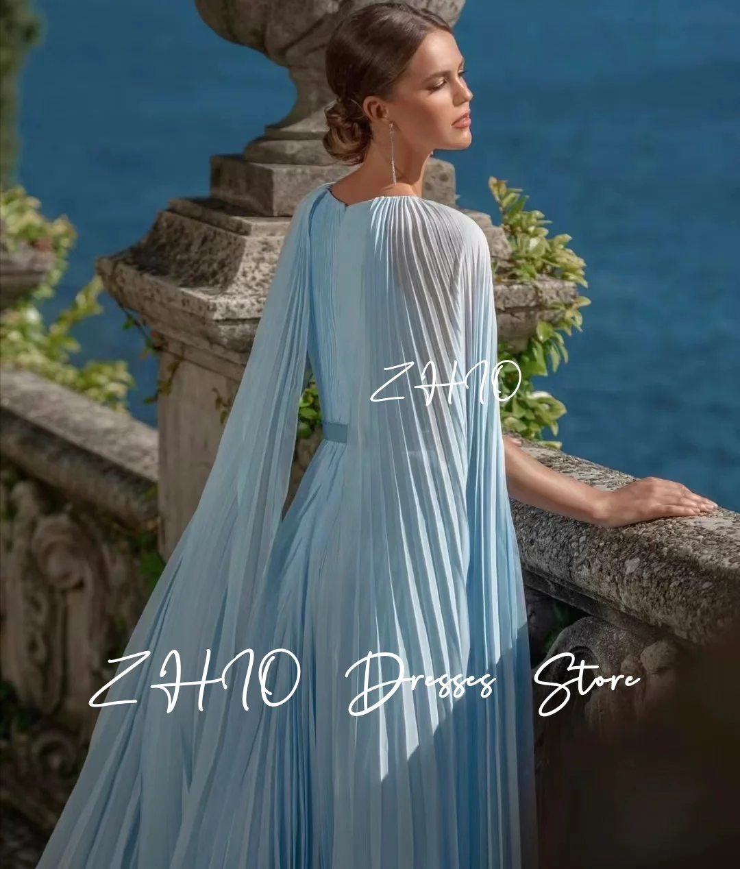 ZHIO Elegant Blue Evening Dress with Jacket A-Line Pleat Floor Length Chiffon Formal Occasion Wedding Party Gown Customized