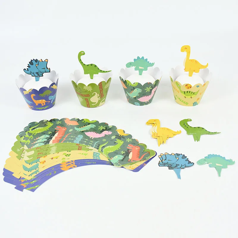 24 pçs dinossauro cupcake envoltórios bolo toppers selva dinossauro tema crianças menino festa de aniversário chá de bebê cupcake topper decoração