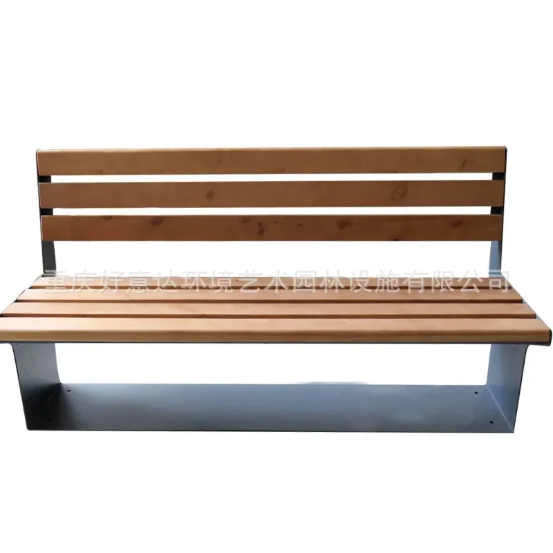 Outdoor Metal Park Bench Stainless Steel Frame Solid Wood Seat with Backrest Durable Leisure Chair for Garden Patio Public