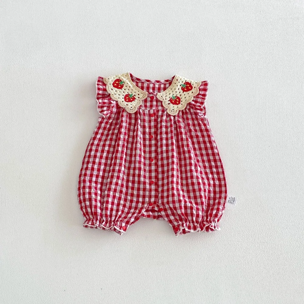 2026 Summer Baby Girl Romper 0-2Years Newborn Princess Fly Sleeve Strawberry Lace Collar Plaid Jumpsuit Outfits Sunsuit Clothes