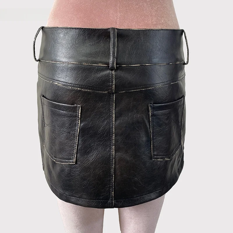 Nerazzurri Low Waist PU Leather  Skirt Women's Limited Step Color Rubbing Black Short Skirt American Retro Design Half-le...