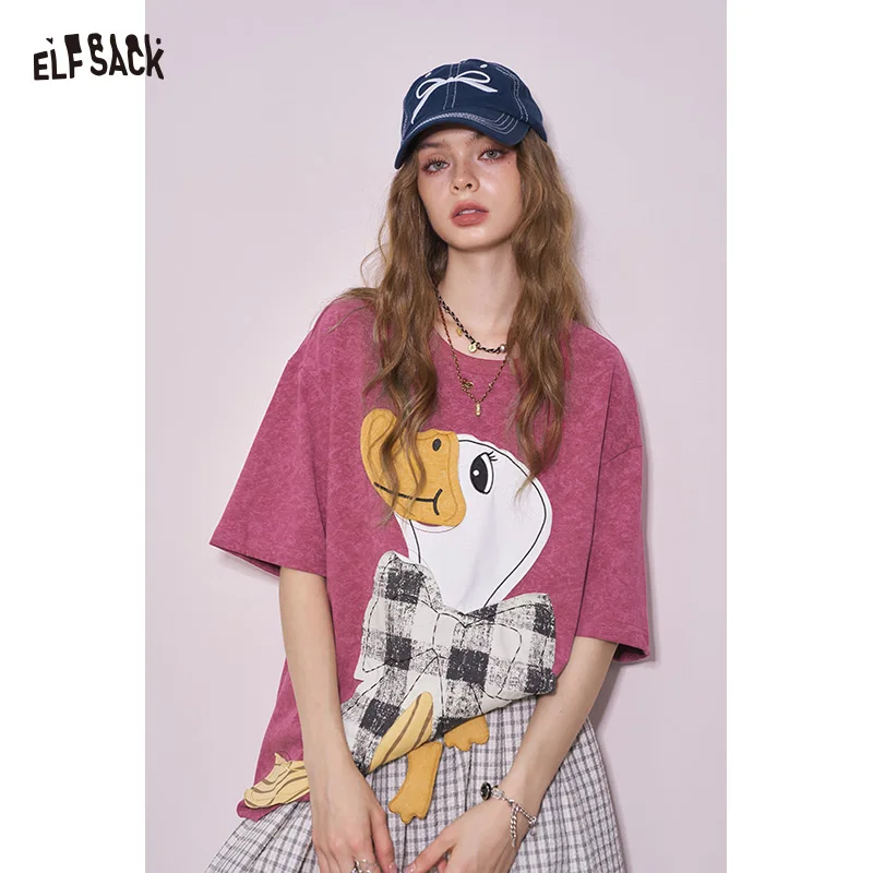 ELFSACK 2025 Summer New Arrival Casual Heavy Embellished Duck Graphic Tee Streetwear Short Sleeve Top For Women