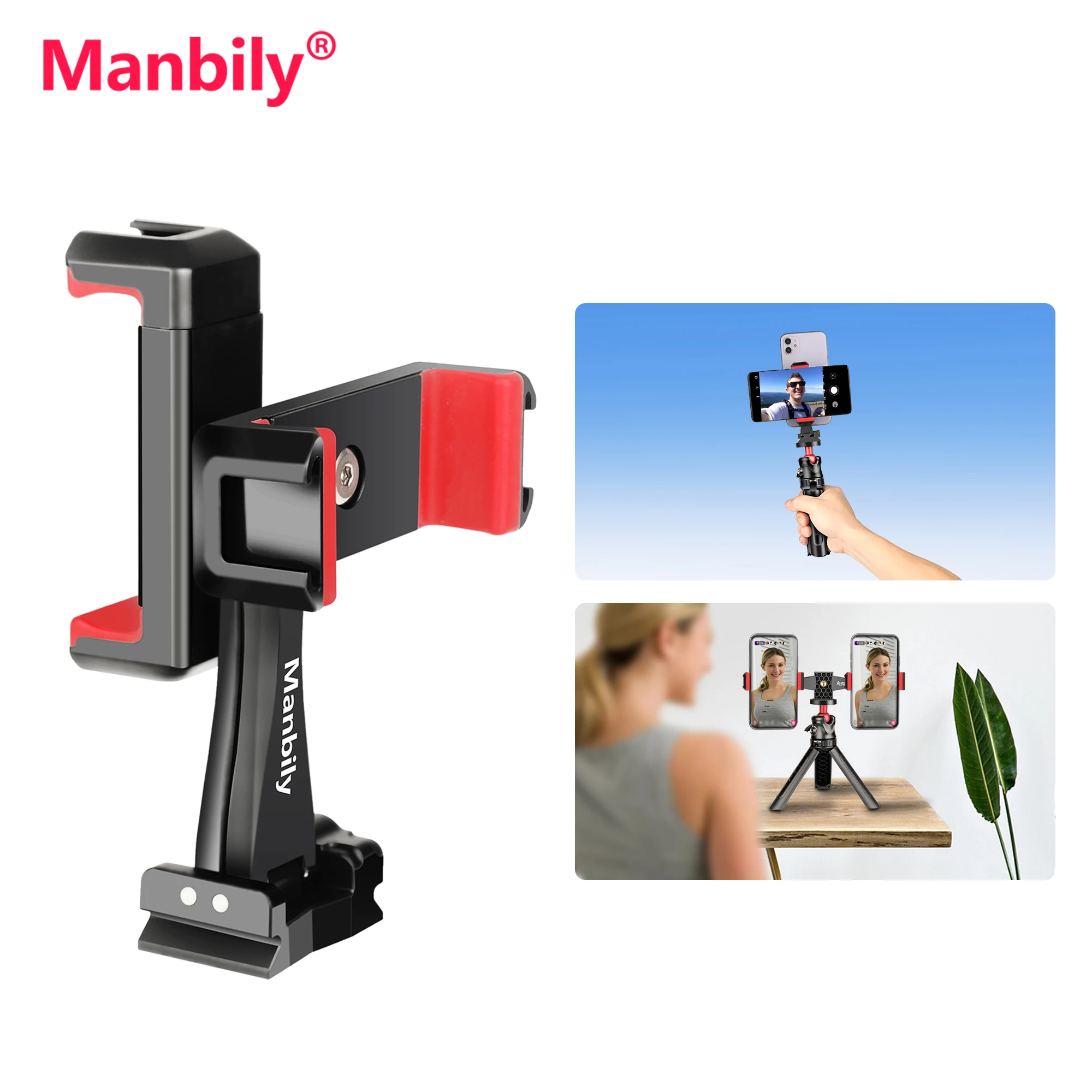 

Manbily SP-03 Double Mobile Phone Holder Clamp with Dual Hot Shoes Mounts for Smartphone Vlog Streaming Selfie Live