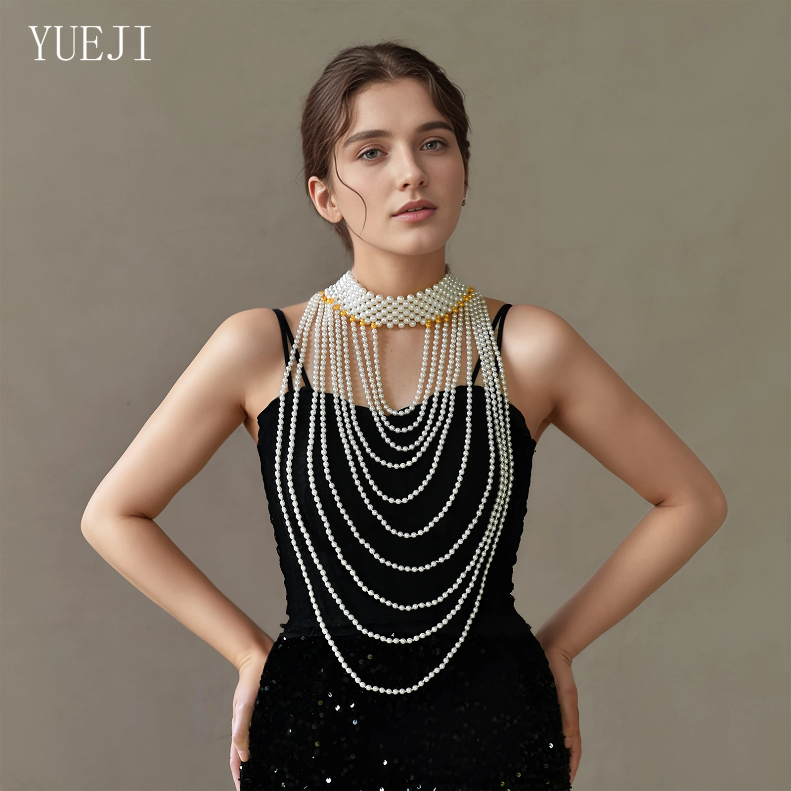 

YUEJI Beaded Dress Necklace Imitation Pearl Tassel Bridal Dress Chinese Cheongsam Dress Necklace G102