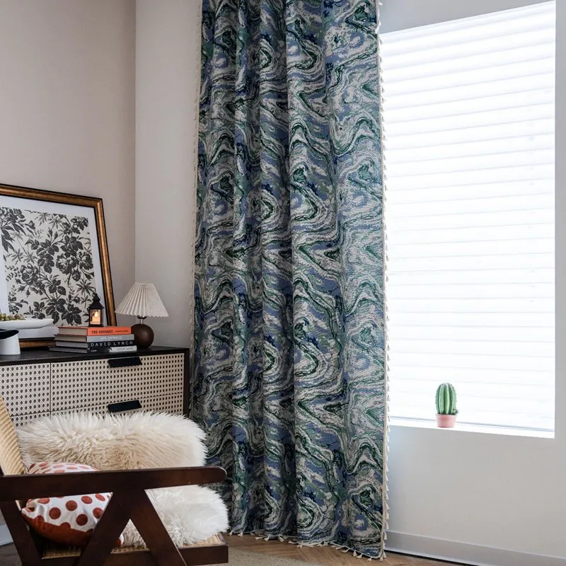 American Flower Jacquard Tassel Curtains Finished Kitchen Valance Bedroom Living Room Bay Window Balcony Semi-shading Curtain
