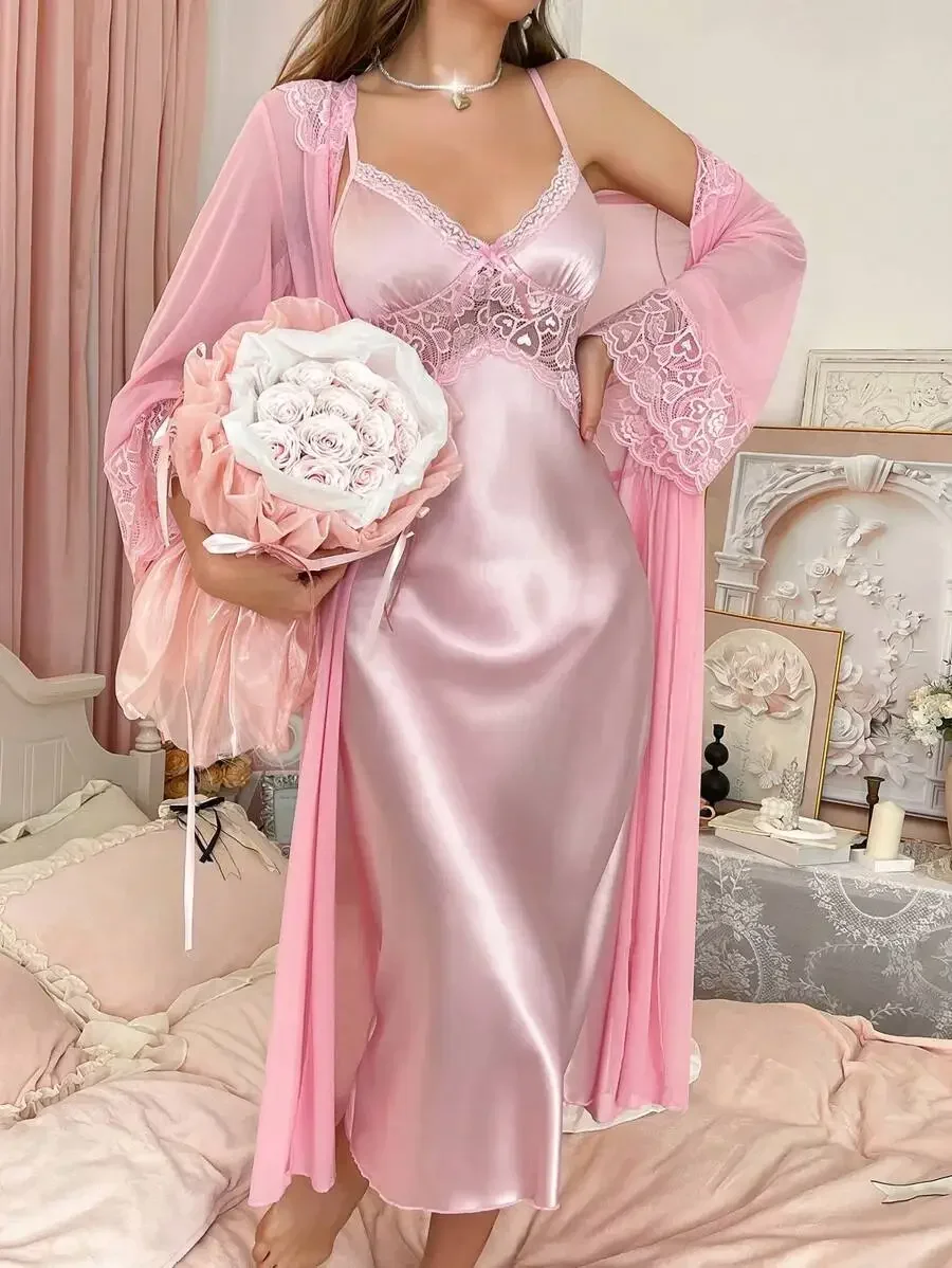 

Pink Satin Lace Trim Sleepwear Set with Long Sleeve Robe for Women