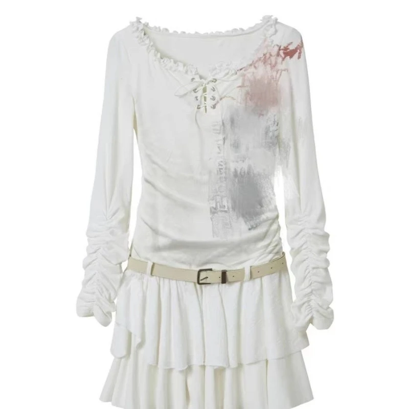 Japanese Gothic Lolita False Two-piece Dress Women Vintage Punk Print Long Sleeves Dresses Autumn Female Y2k Fashion Party Dress