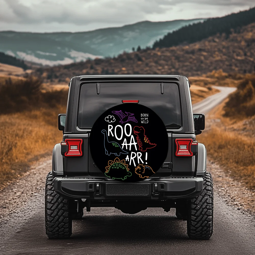 Cartoon Dinosaur Pattern 30/34 Inch Multi-Functional Tire Cover, Suitable For Jeeps, Trailers, RVs, SUVs, Trucks, Campers, And V