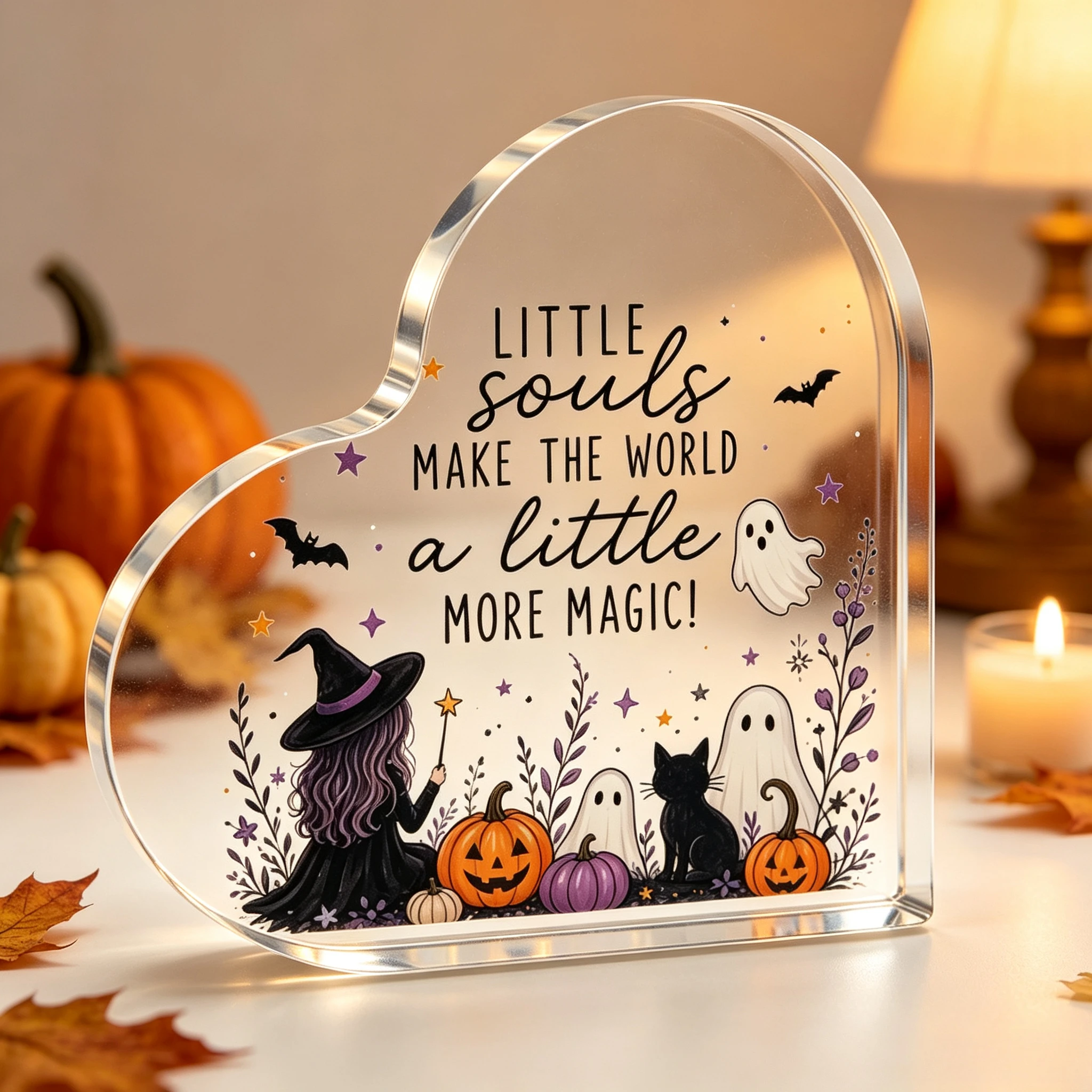 Cute Witch Pumpkin Ghost Clear Acrylic Heart Sign, Spooky‑Season Tabletop Ornament,Purple Floral Bat Heart Desktop Plaque, Whimsical Halloween Home Keepsake Gift