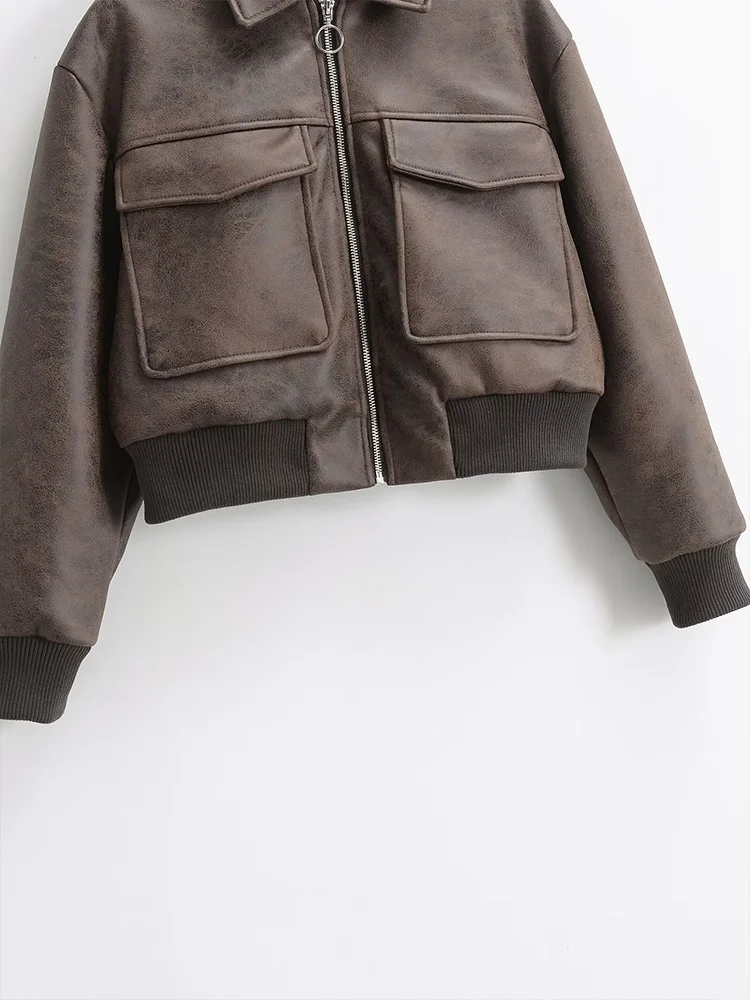 Blouson Bombardier en Faux Cuir pour Femme, Manteau Court, avec Poches à Revers Décoratives, Nouvelle Collection Automne Hiver 2024