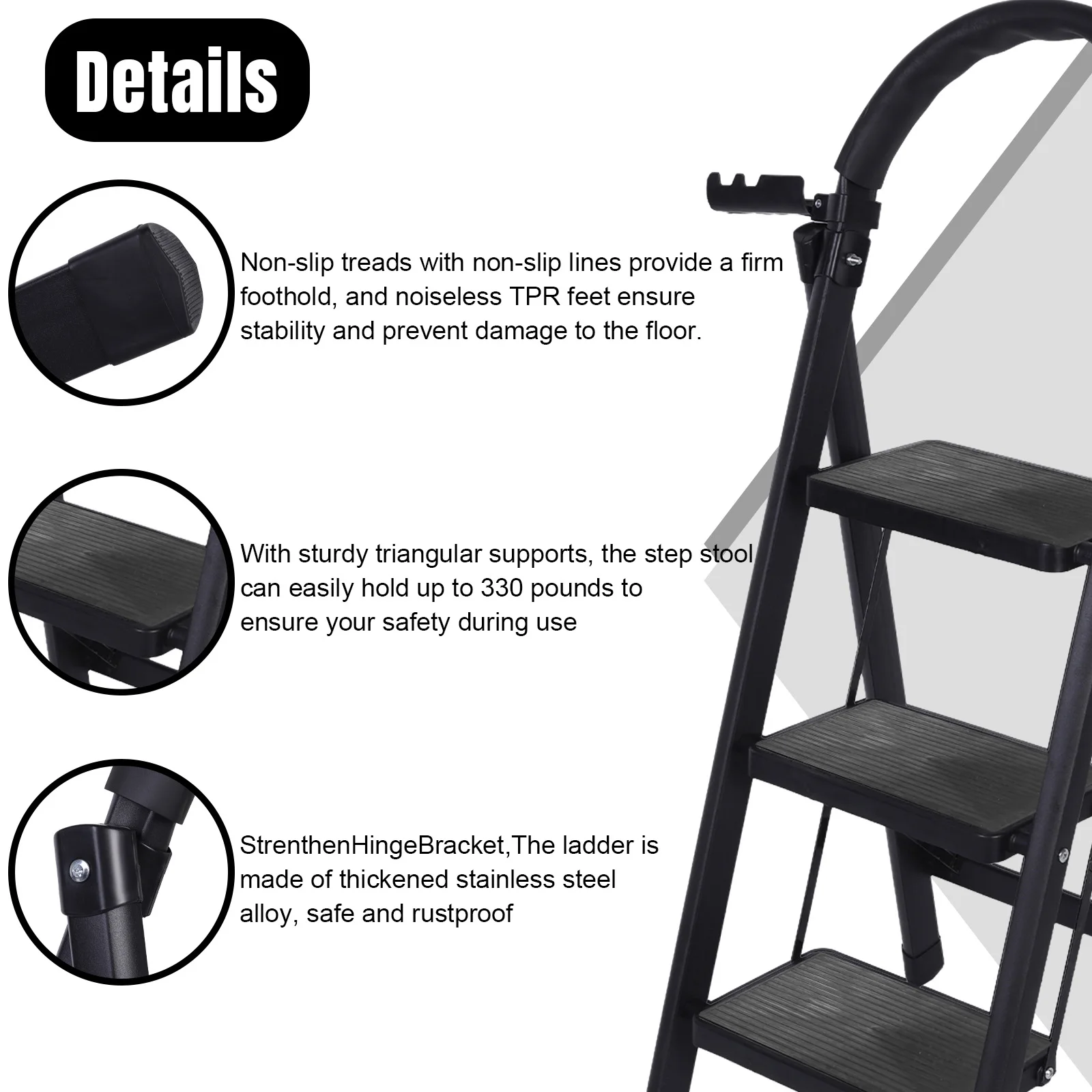 3 Step Folding Ladder Sturdy Steel Ladder 330LBS Capacity Wide Platform Steps Lightweight for Household Kitchen Office