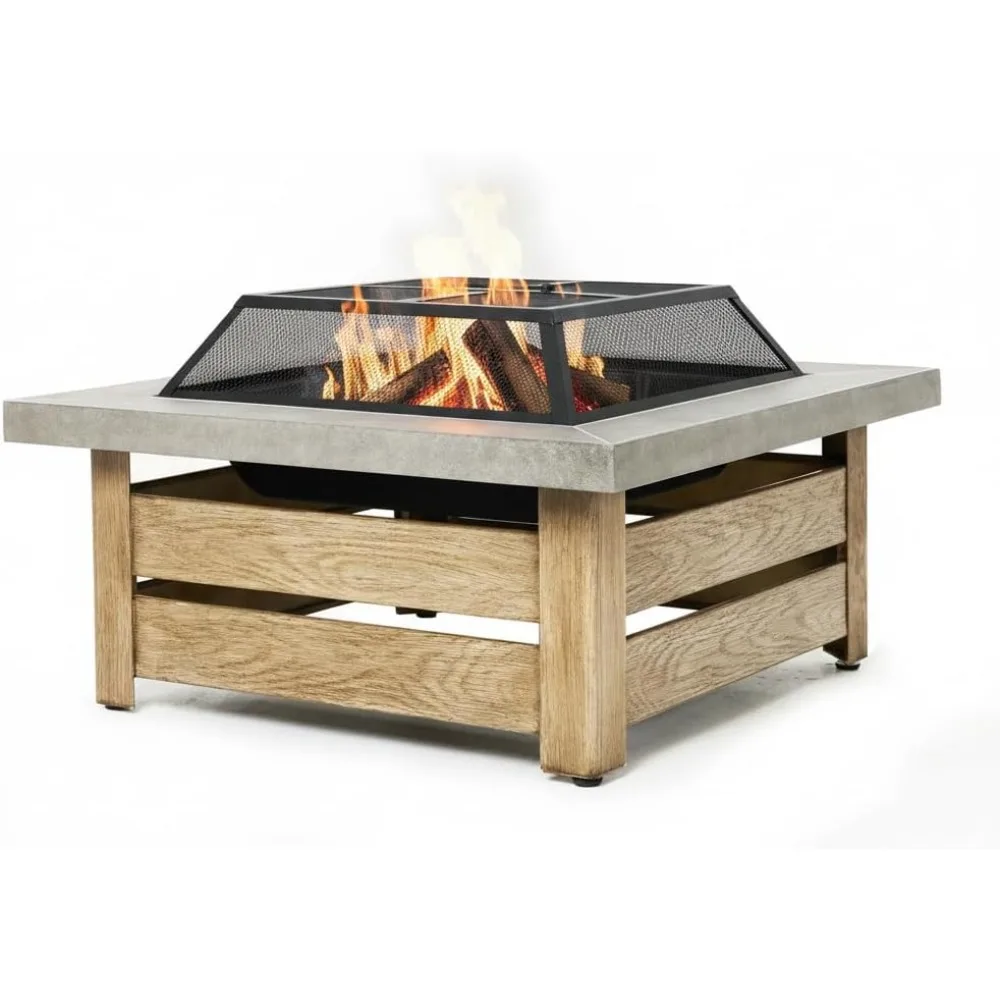 Wood Burning Fire Pit with Wood Grain Side Panels Mesh Cover and Fire Poker Square Modern Outdoor Countryside