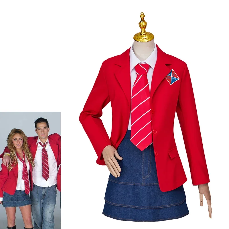 TV Series Rebelde Cosplay Men‘s Women's Costume School Uniform Red Jacket Shirt Skirt with Tie Full Set Halloween Outfit