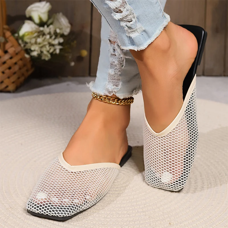 Mesh Breathable Mules Shoes Women Flats Slippers Summer Designer Square Toe Walking Slingback Flip Flops Home Female Slides