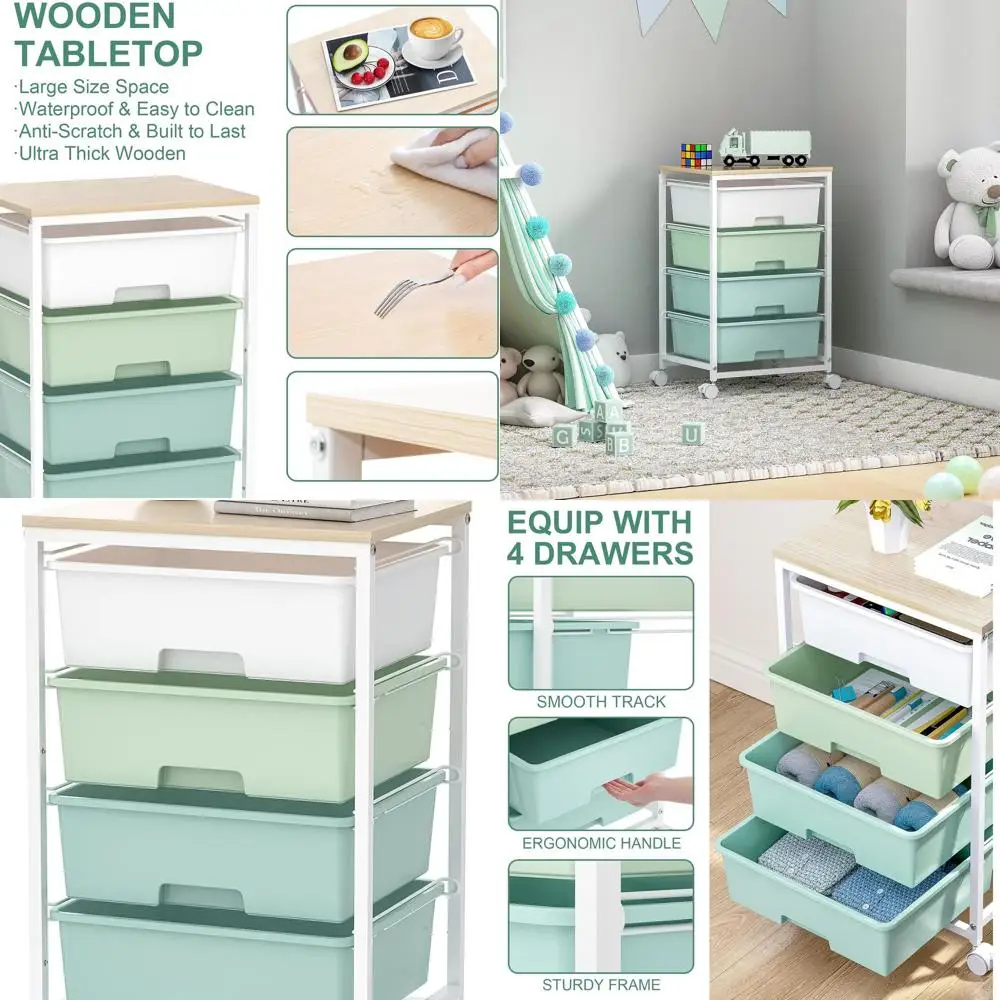 

4-Drawer Rolling Storage Cart with Wooden Top for Home, Kids' Rooms, Dorms, and Offices in Green