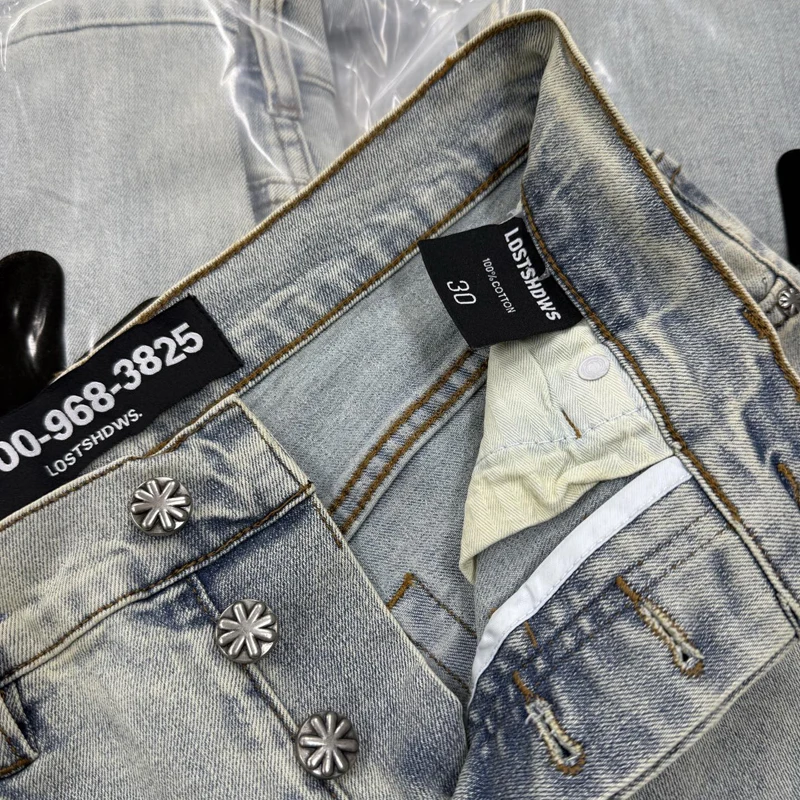 Tendência americana lostshdws jeans flor do sol indústria pesada quente diamante retalhos lavado ligeiramente queimado calças lostshdws