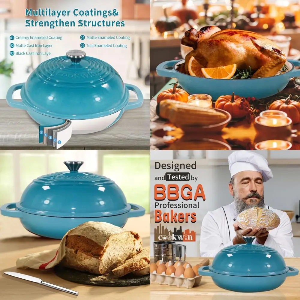 

11 Teal Enamel Cast Iron Dutch Oven with Lid, 6 Quart Bread Baking Kit, Silicone Mat Included - Perfect Sourdough Companion